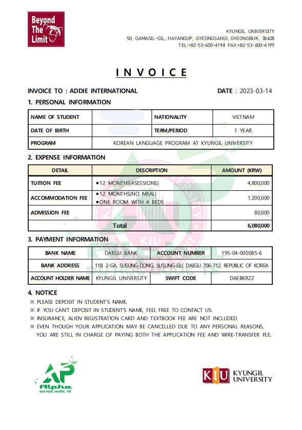 Invoice của trường Đại học Kyungil