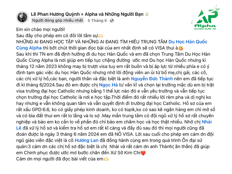 Học Viên Alpha Nhận Học Bổng Du Học Hàn Quốc “2024 Global Scholarship Students” Chia sẻ của học viên Alpha về hành trình du học Hàn Quốc