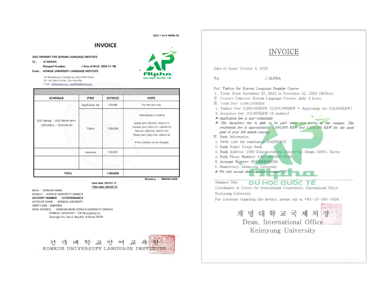 Invoice du học Hàn Quốc tại các trường Đại Học hiện nay