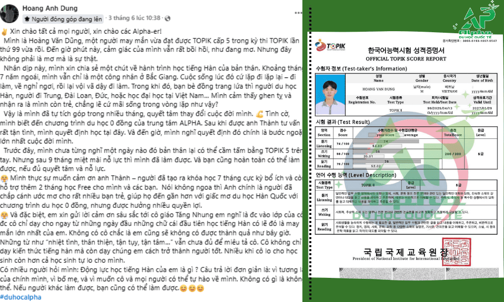 Bạn Hoàng Anh Dũng - học viên Alpha đạt Topik 5 chỉ sau 9 tháng