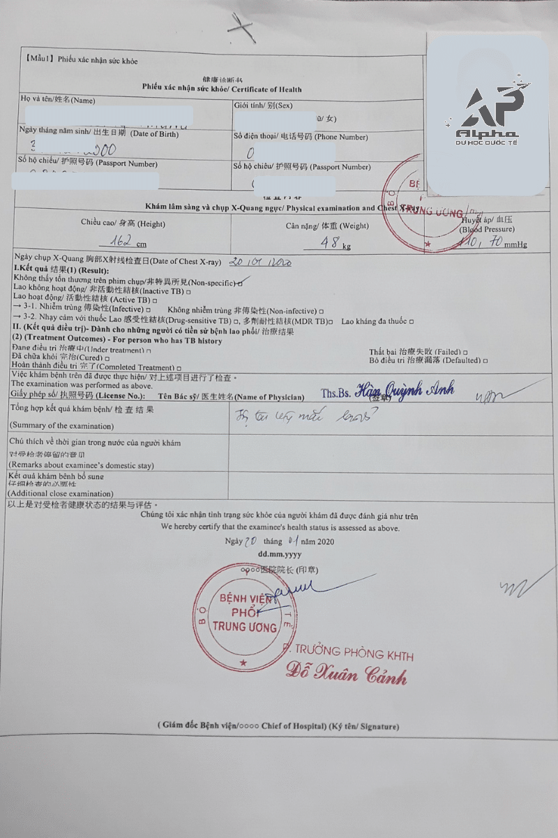 Mẫu giấy khám sức khỏe du học Hàn Quốc